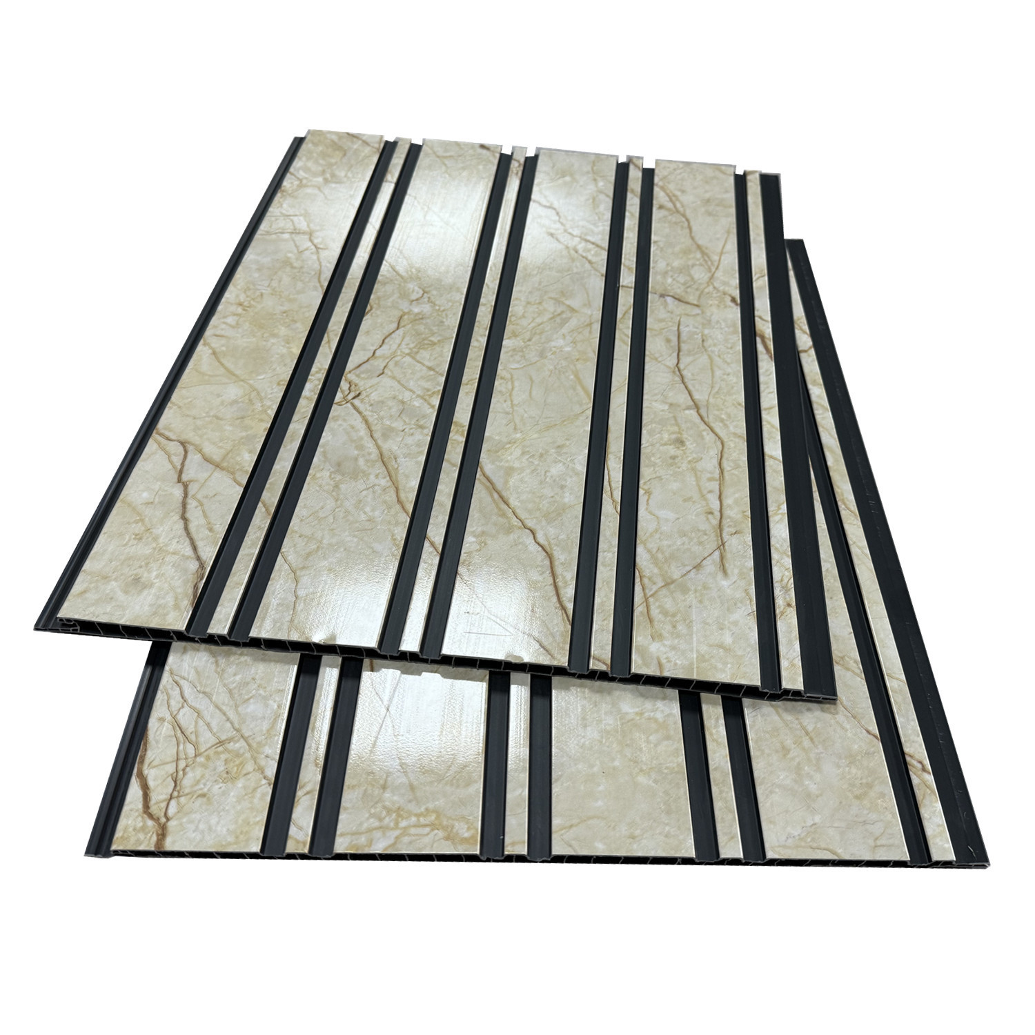 China wholesale 300*9*2900mm Silver line /golden lines PVC fluted panel black color wall panel 