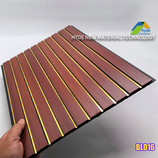 300mm* 8mm pvc fluted /louver panel golden line wood color laminated popular use for ceiling and wall decoration 