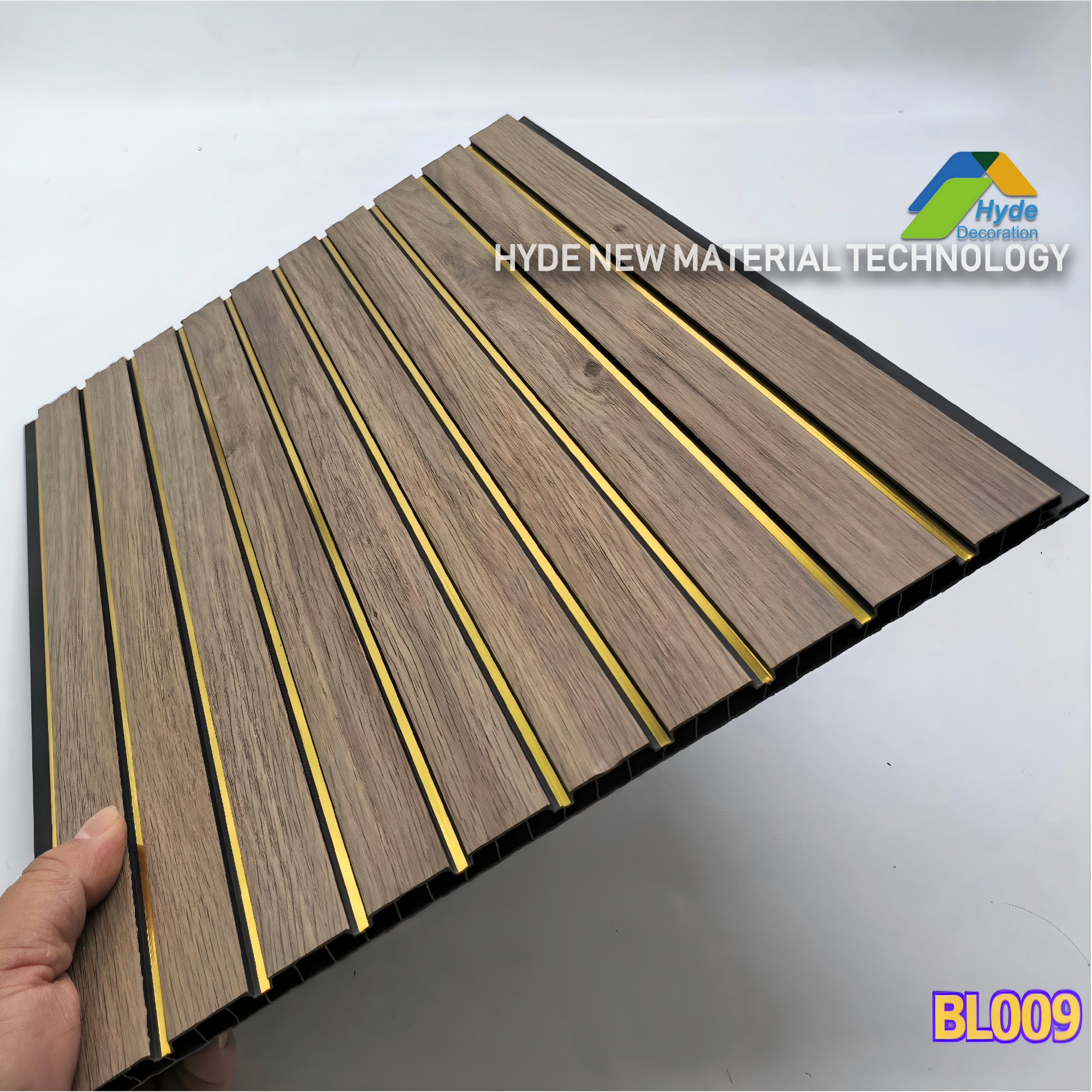 300mm* 8mm pvc fluted /louver panel golden line wood color laminated popular use for ceiling and wall decoration 